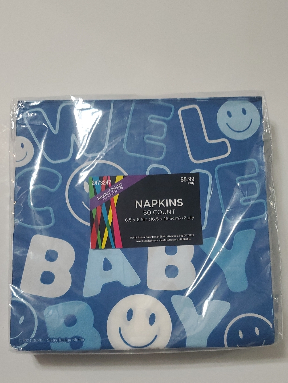 Party Napkins - Blue Smiley 'Baby Boy' Design